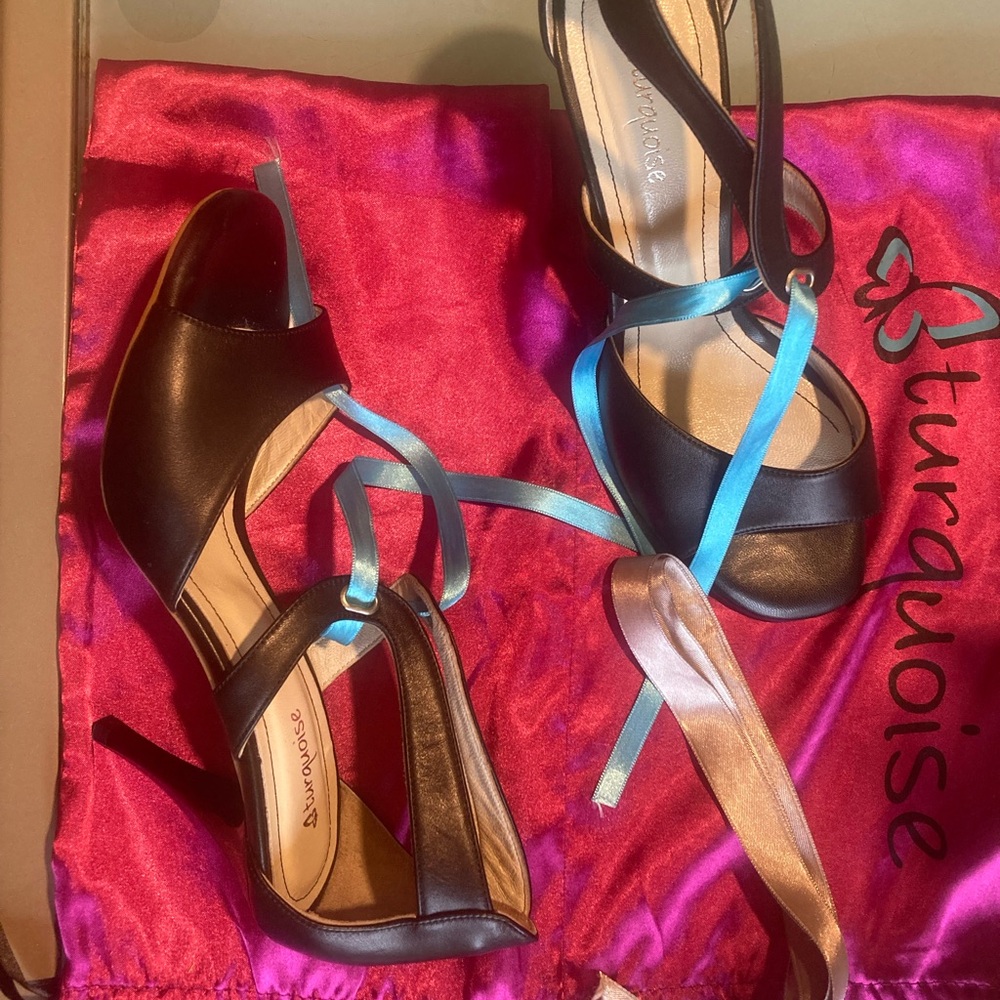 New Black Turquoise Tango Shoes, Size 40